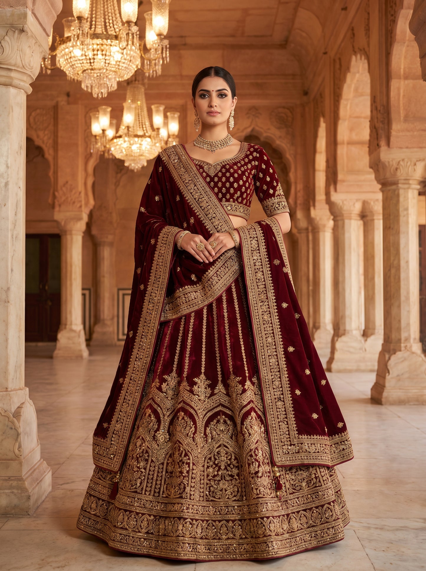 Royal Maroon Velvet Bridal Lehenga Choli