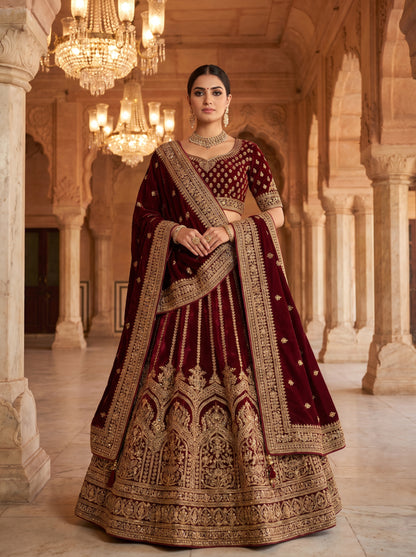 Royal Maroon Velvet Bridal Lehenga Choli