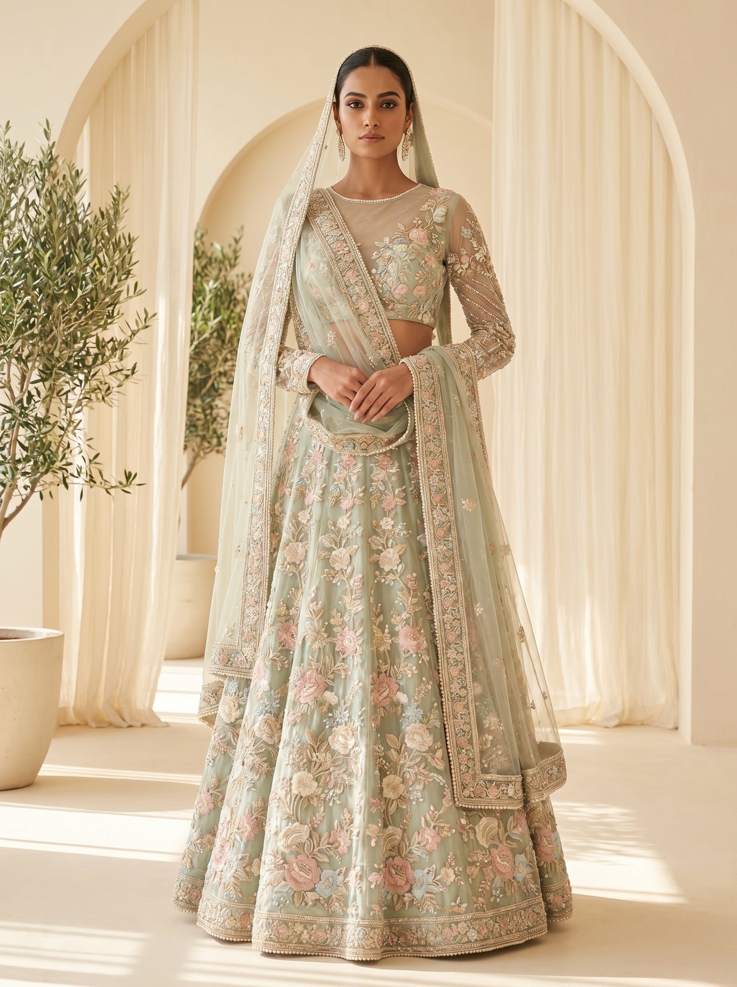 Sage Green Floral Bridal Lehenga Choli