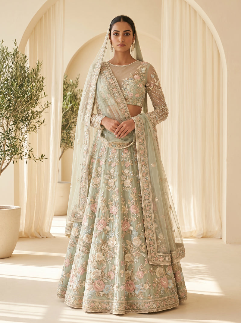 Sage Green Floral Bridal Lehenga Choli