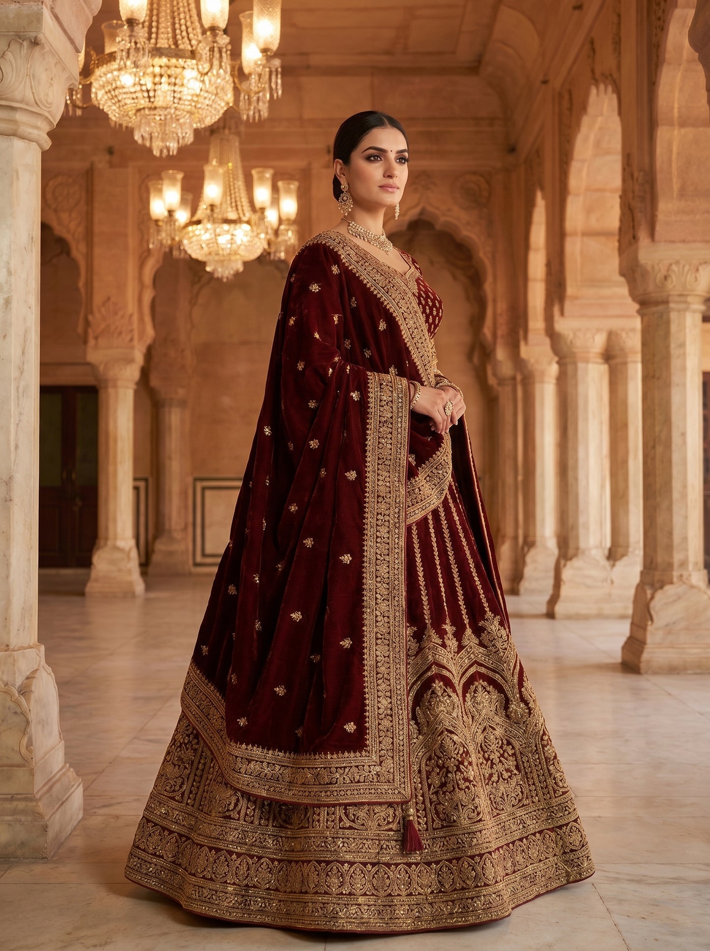 Royal Maroon Velvet Bridal Lehenga Choli