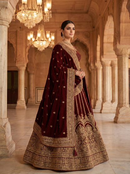 Royal Maroon Velvet Bridal Lehenga Choli