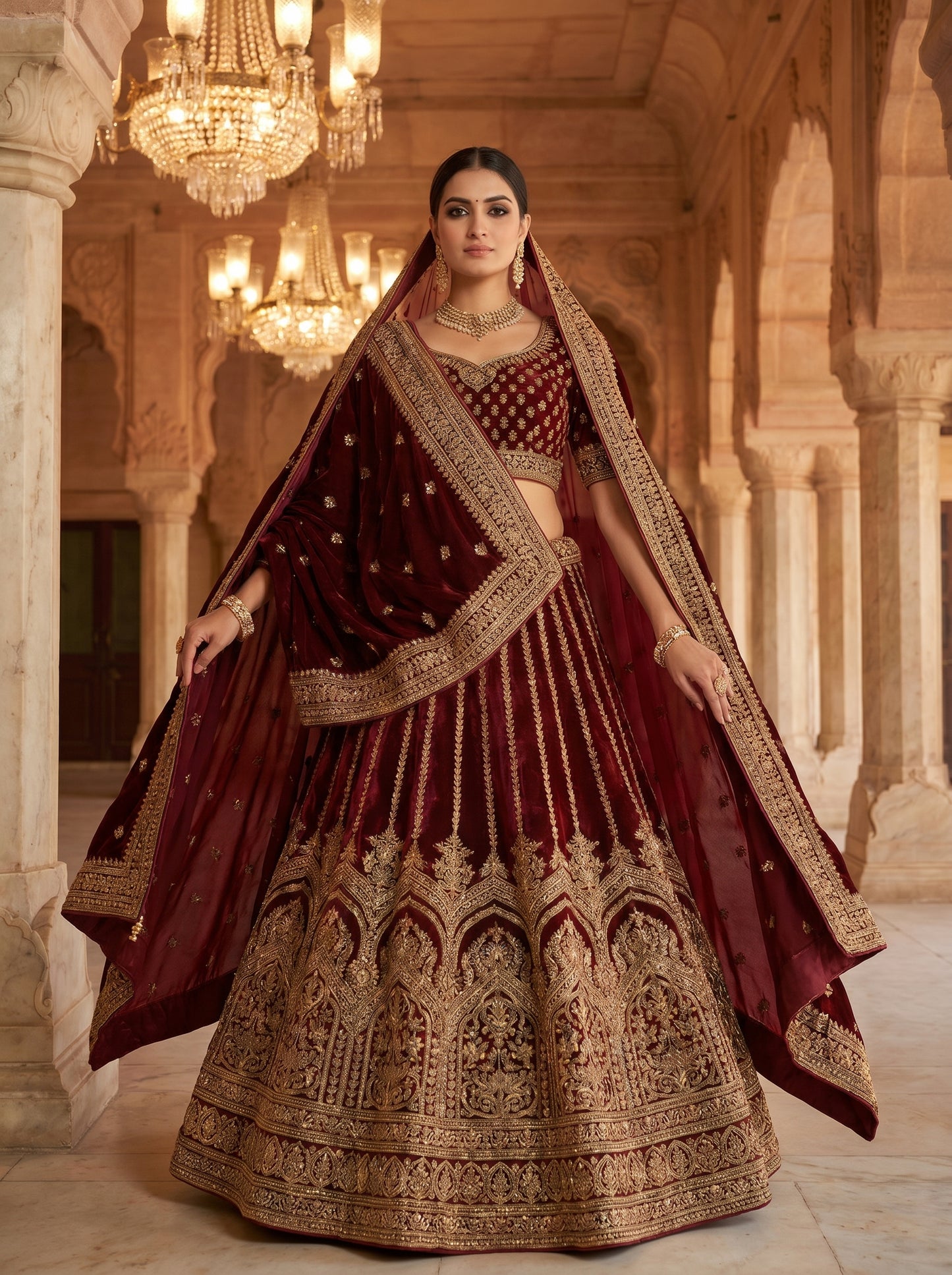 Royal Maroon Velvet Bridal Lehenga Choli