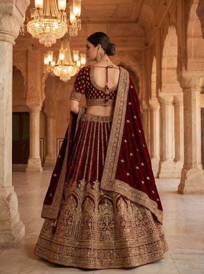 Royal Maroon Velvet Bridal Lehenga Choli