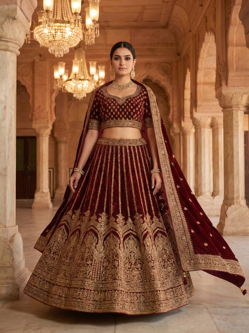 Royal Maroon Velvet Bridal Lehenga Choli