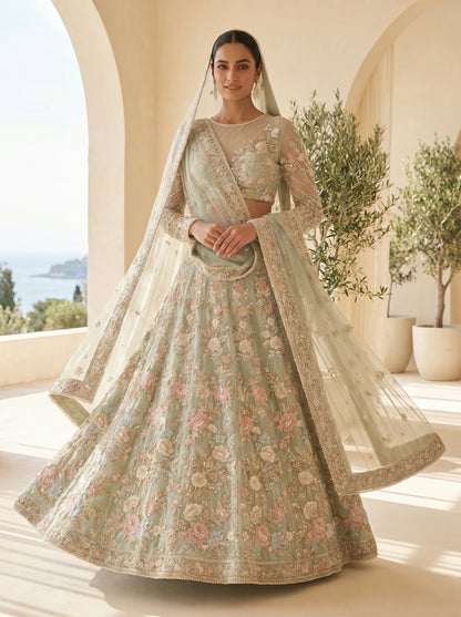 Sage Green Floral Bridal Lehenga Choli