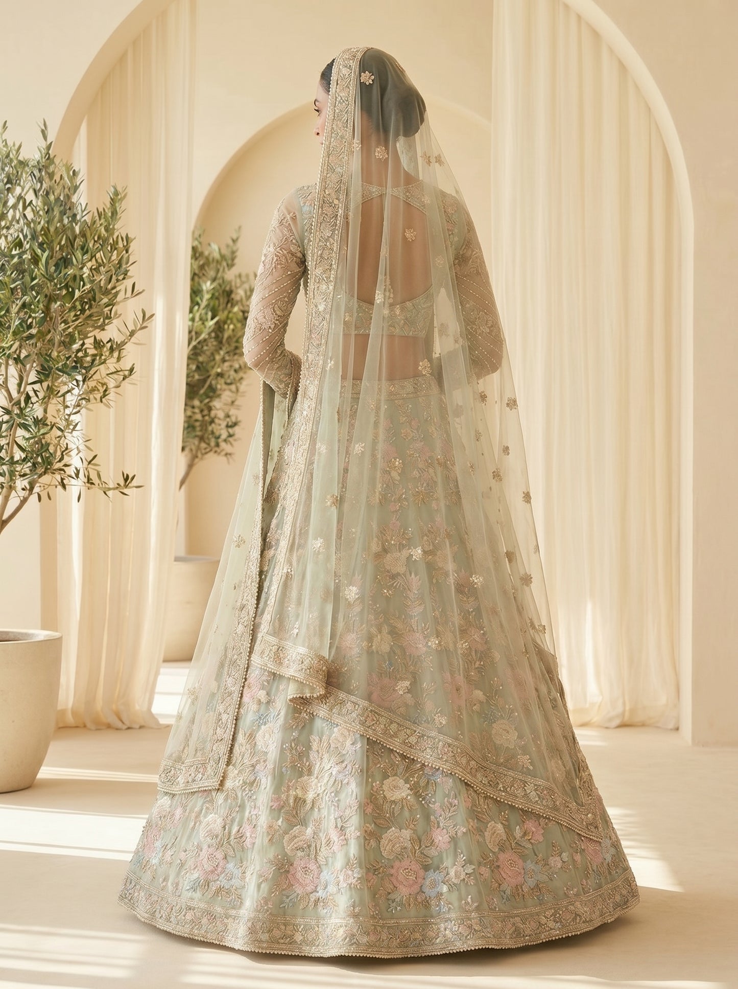 Sage Green Floral Bridal Lehenga Choli