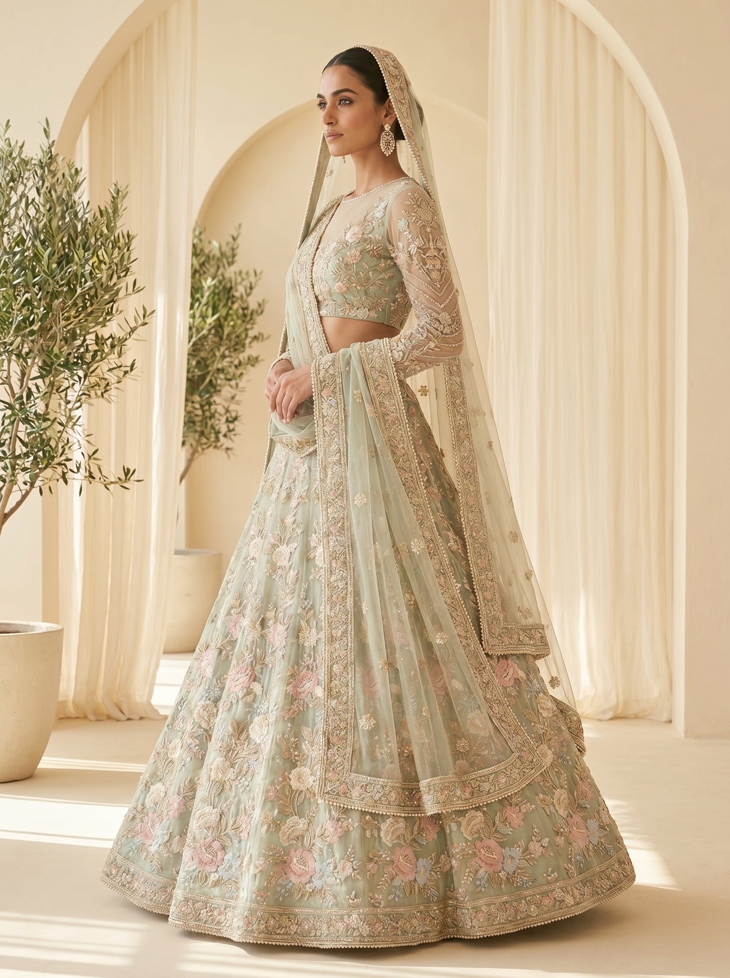 Sage Green Floral Bridal Lehenga Choli