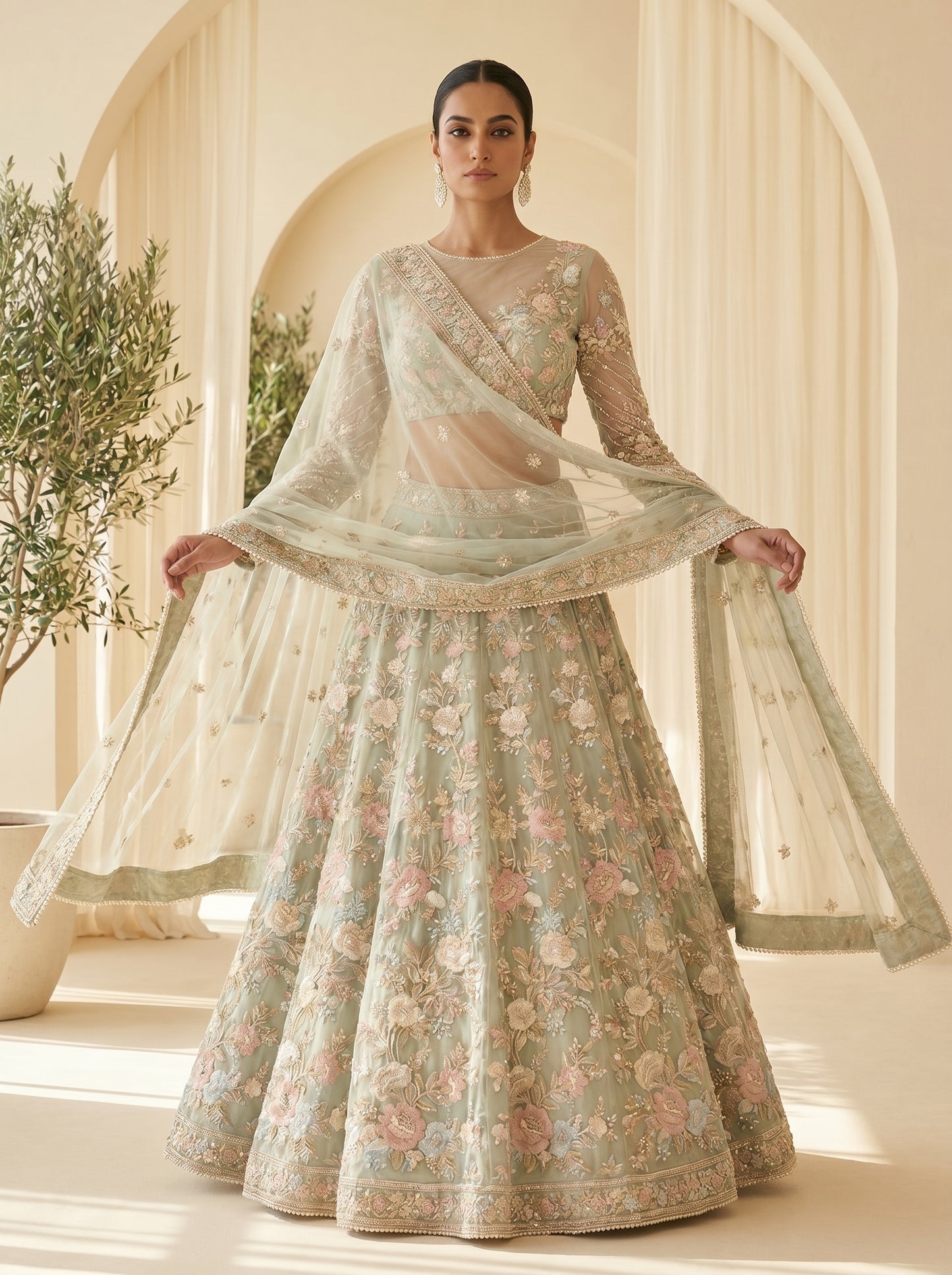 Sage Green Floral Bridal Lehenga Choli