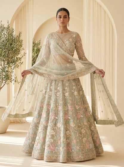 Sage Green Floral Bridal Lehenga Choli